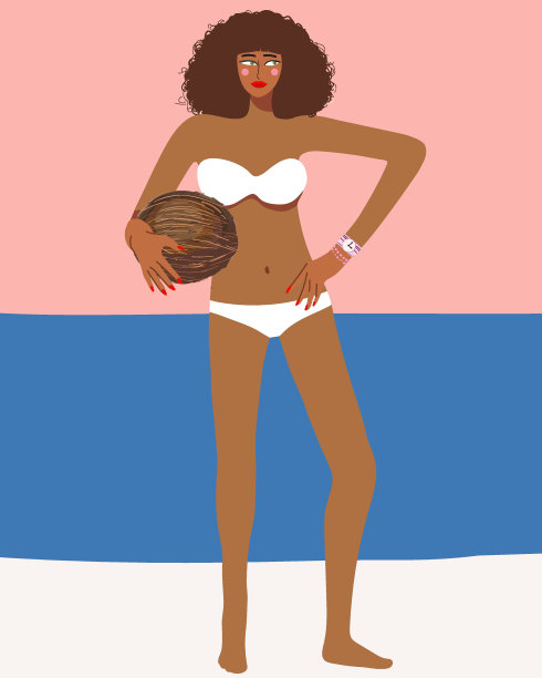 矢量夏天插画的女孩在泳装和一个大椰子在她的手，夏天的氛围，夏天的聚会，假期的心情。图片下载