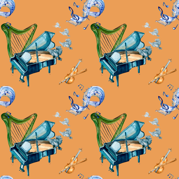 钢琴，小提琴和竖琴水彩无缝图案赭石。图片下载