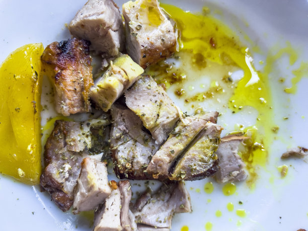 切好的烤鸡配土豆，俯视图图片下载