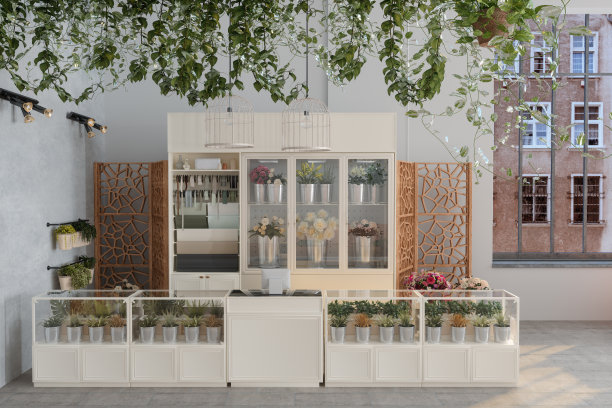 花店花，爬山虎植物和白色橱柜图片下载