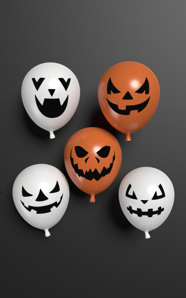 雕刻南瓜形状气球在万圣节不同的面部表情对黑色背景图片下载