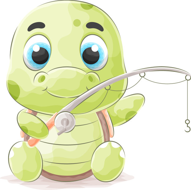 可爱的涂鸦乌龟钓鱼水彩画图片下载