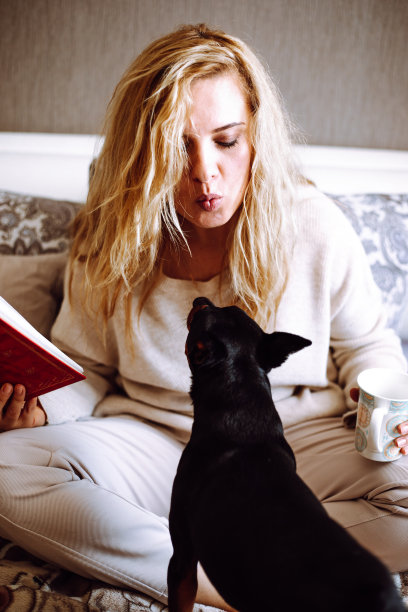 漂亮的金发女人在家里的衣服坐在床上的书，拿着一杯饮料和亲吻小狗特写。早上，年轻的女士和忠实的狗朋友在舒适的卧室里放松图片下载