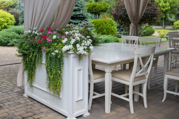 在餐厅或咖啡馆的室内，有攀缘植物的优雅花坛。时尚的绿色装饰在开放的夏季区域的机构图片下载