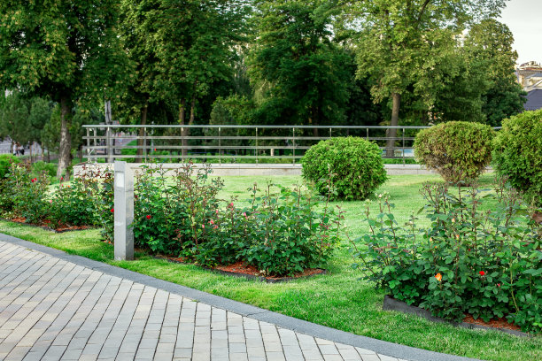 地面花园灯灯柱与玫瑰花在后院与护根花坛和绿色草坪景观附近的石瓦走道与花岗岩的路缘和钢栏杆在背景中，没有人。图片下载