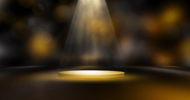 夜晚节日舞台金色平台上的灯光，明亮氛围下的产品或文字展示空间的3d房间模型，3d渲染插图图片下载
