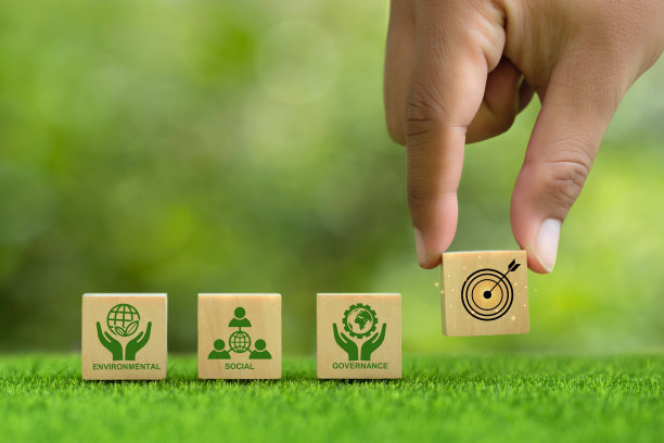 ESG的环境、社会和治理概念。手把木制立方体与目标板图标与ESG图标在绿色背景。环境与商业目标相结合。可持续的资源。图片下载