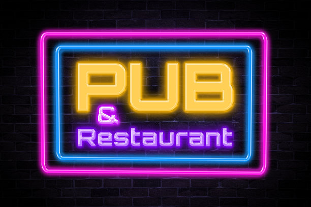 酒吧和餐厅霓虹灯横幅在砖墙背景。图片下载
