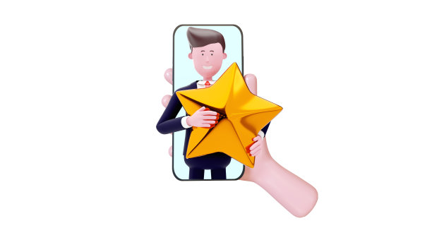 3d男人手握智能手机一个商人在手机上智能手机胜利之星。图片下载