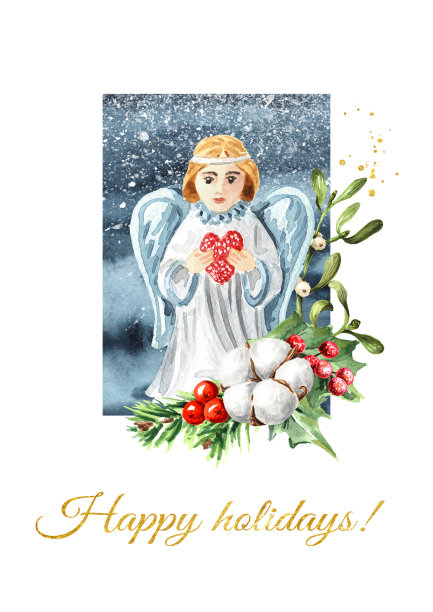 圣诞天使与冬季节日装饰。手绘水彩插图孤立在白色背景图片下载