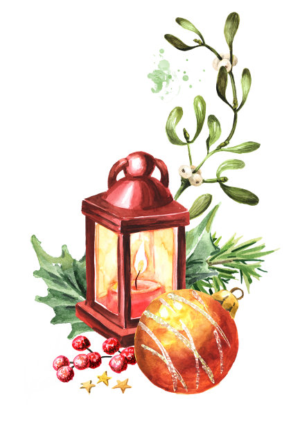 圣诞灯笼与冬季节日装饰。手绘水彩插图孤立在白色背景图片下载
