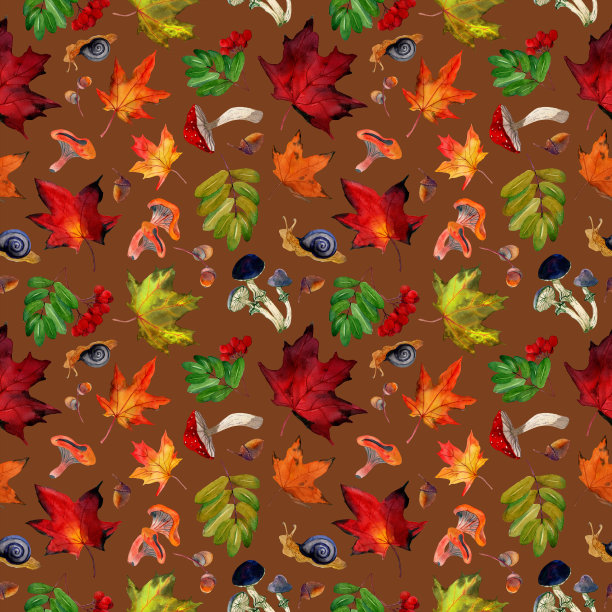 水彩手绘无缝图案秋天红色的花楸，黄色的枫叶，橡树叶，橡果在棕色的背景。图片下载