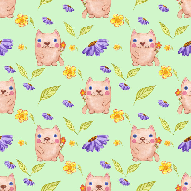 手绘水彩无缝图案与猫儿童纺织品。剪贴簿设计，排版海报，标签，横幅，明信片。图片下载