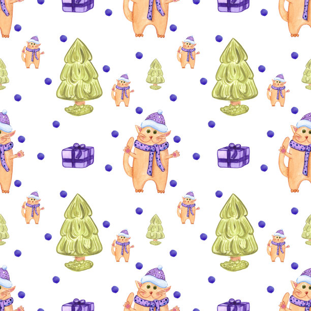 手绘水彩无缝图案与猫儿童纺织品。剪贴簿设计，排版海报，标签，横幅，明信片。图片下载