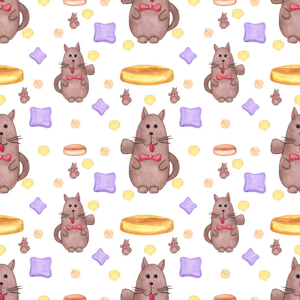 手绘水彩无缝图案与猫儿童纺织品。剪贴簿设计，排版海报，标签，横幅，明信片。图片下载