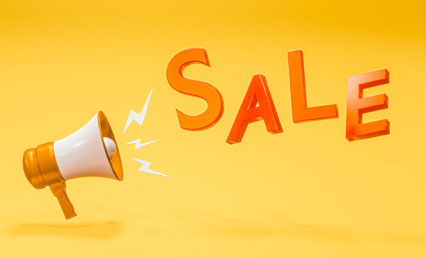黄色背景上有促销文字的扩音器。营销销售时间概念，逼真的3d扩音器，带闪电的扬声器。三维渲染图片下载