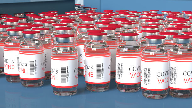 疫苗生产。Covid-19冠状病毒疫苗桌上的许多一次性小瓶。医学传染性的概念。三维渲染图片下载