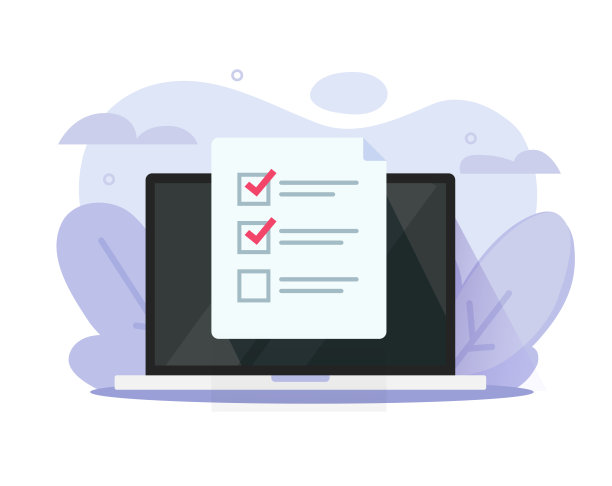 考试在线考试准考证图标向量或投票测验清单，从笔记本电脑电脑图形，调查问卷检查清单评估，考试成绩报告数字电子图像图片下载