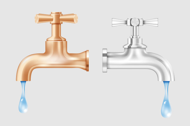 一套蓝色水滴复古水龙头。复古青铜和铬水龙头与滴水隔离图片下载