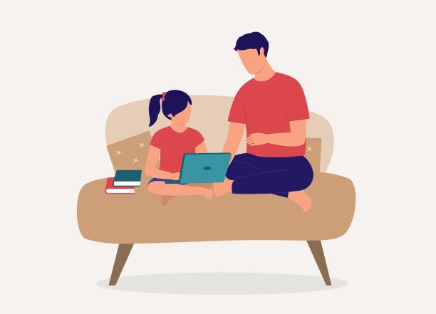 父亲帮助女儿做家庭作业。网上学校。远程教育。远程学习。图片下载