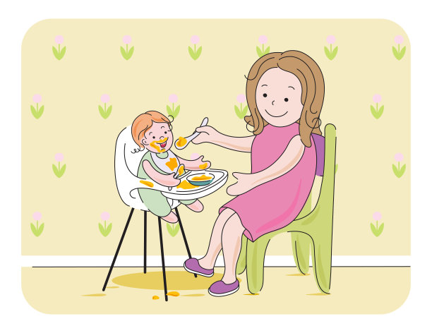 一只母猫正在喂一只坐在高脚椅上的小猫图片下载