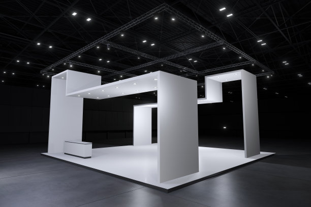 展览代表实物和企业形象，展示设计。空的展台设计。展厅零售摊位元素。设计贸易展。空白展位系统图形资源。3d背景在线活动，会议，现场。3 d渲染。图片下载