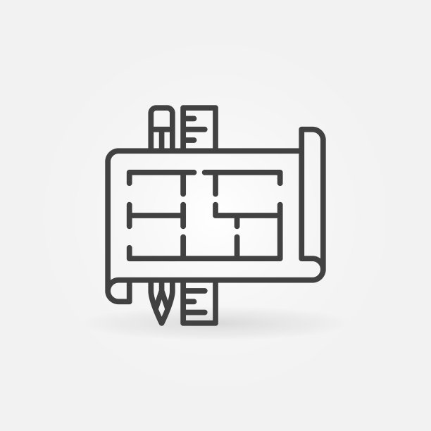 房子平面图与铅笔和尺子轮廓矢量图标图片下载