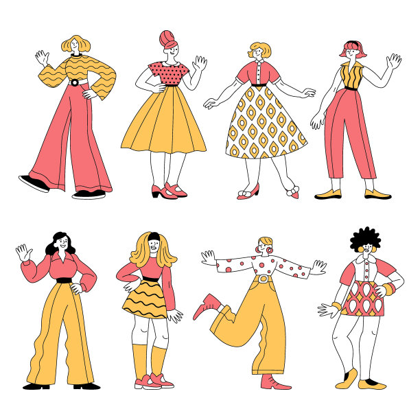 穿着60年代复古服装的各种欢快的女性走着、站着、挥手图片下载