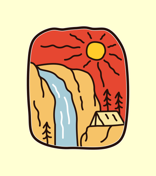 在尼亚加拉瀑布露营，冒险野生线徽章补丁针徽章图形插图矢量艺术t恤设计图片下载