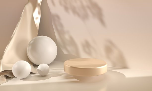 裙房与白色球体和豪华丝绸织物上的米色背景。黄金基座几何球，绸缎布和窗帘显示化妆品，，棕色模板，工作室3d渲染图片下载