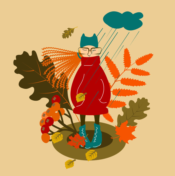 秋天矢量插图与一个女孩和树叶。图片下载