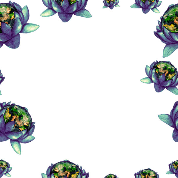 水彩模板框蓝色水百合花，行星地球在白色背景为您的设计，手绘插图图片下载