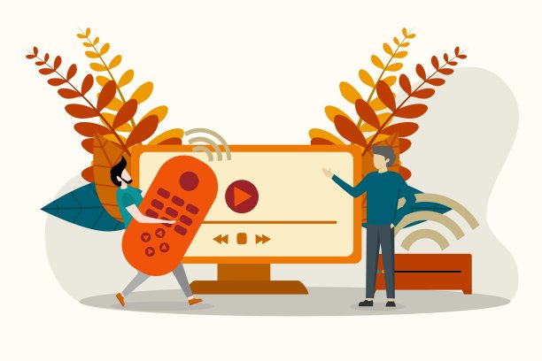 矢量插画看电影，家庭娱乐的概念。一对小情侣在网上看视频。拿着遥控器的男人，站在有Wi-Fi信号的智能盒子旁边的男人图片下载