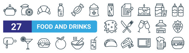 一套27轮廓网络食品和饮料图标，如烹饪锅，柠檬，羊角面包，写作，餐具，鸡尾酒，墨西哥卷，汉堡矢量细线图标的网页设计，移动应用程序。图片下载