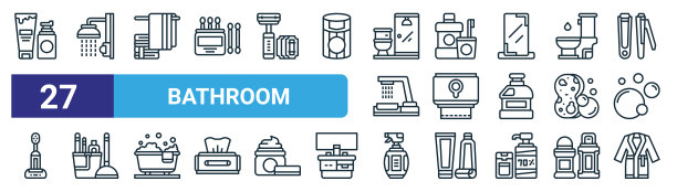 一套27轮廓网页浴室图标，如剃须泡沫，淋浴头，毛巾，漱口水，卫生纸，活塞，喷雾，浴袍矢量细线图标的网页设计，移动应用程序。图片下载