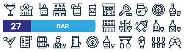 一套27轮廓网络酒吧图标，如玛格丽塔，酒吧，打火机，开瓶器，啤酒，账单，龙舌兰酒，干杯矢量细线图标的网页设计，移动应用程序。图片下载