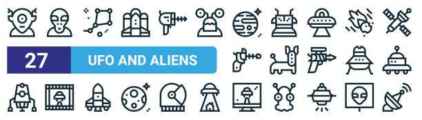 一套27轮廓网不明飞行物和外星人图标，如外星人，外星人，星座，外星人，突变，电影，不明飞行物，卫星盘子矢量细线图标的网页设计，移动应用程序。图片下载