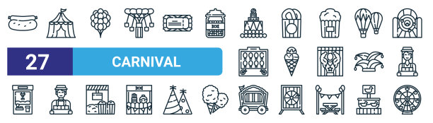 一套27轮廓网络嘉年华图标如热狗，马戏团帐篷，气球，椒水卷饼，冰淇淋，卖家，马车，摩天轮矢量细线图标的网页设计，移动应用程序。图片下载