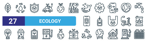 一套27轮廓网络生态图标，如叶子，回收水，保护，可持续能源，生态标签，回收站，回收，太阳能电池板矢量细线图标的网页设计，移动应用程序。图片下载