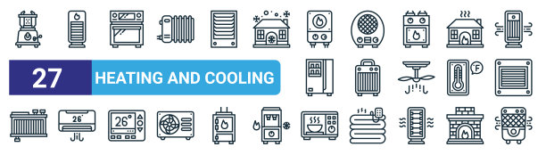 一套27轮廓网加热和冷却图标，如燃气加热器，加热器，烤箱，加热器，陶瓷空调，微波炉，空气冷却器矢量细线图标的网页设计，手机应用程序。图片下载