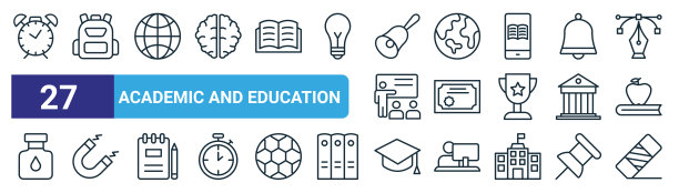 一套27大纲网页学术和教育图标如警报，背包，世界网格，地球，证书，磁铁，帽子，橡皮矢量细线图标的网页设计，移动应用程序。图片下载