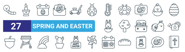 一套27轮廓网页春天和复活节图标，如蠕虫，蜡烛，复活节，蝴蝶，树，日历，圣经矢量细线图标的网页设计，移动应用程序。图片下载
