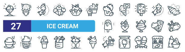 一套27轮廓网冰淇淋图标如冰淇淋，冰淇淋筒，圆锥，圆锥，圆锥，矢量细线图标的网页设计，移动应用程序。图片下载
