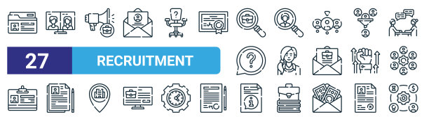 一套27大纲网页招聘图标如个人信息，在线面试，扩音器，搜索，工人，简历，信息，资源矢量细线图标的网页设计，移动应用程序。图片下载
