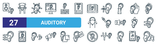 一套27轮廓网页听觉图标，如耳朵，听觉，耳朵，耳朵，听觉，矢量细线图标的网页设计，移动应用程序。图片下载