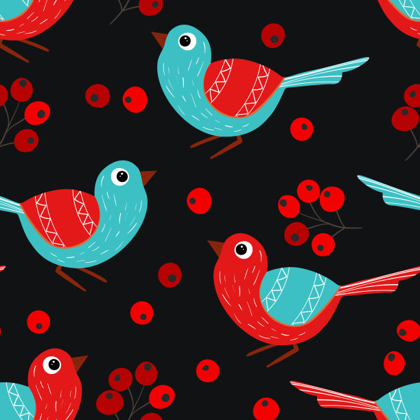 无缝图案，有趣的彩色鸟，花，树叶和浆果。彩色平面矢量插图与小卡通鸟。可爱的人物。设计邀请函，海报，卡片，纺织品，织物图片下载