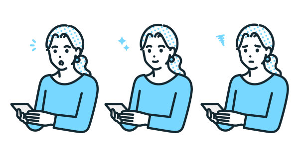 操作智能手机的女人的插画材料。惊讶、微笑、烦恼三种面部表情。图片下载