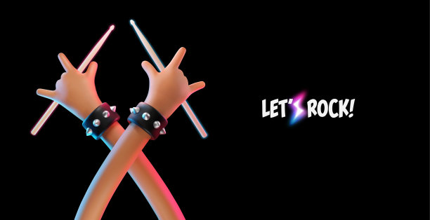 卡通鼓手手与号角标志和鼓槌音乐矢量插图霓虹灯。3d卡通UI英雄摇滚或重金属手签音乐节黑色横幅模板图片下载