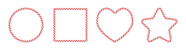 红色和白色条纹的圣诞糖果手杖框架。圣诞节有圆形、星形、心形、方形镶边的条纹糖果棒棒糖图案。圣诞节的模板。矢量插图在白色背景图片下载