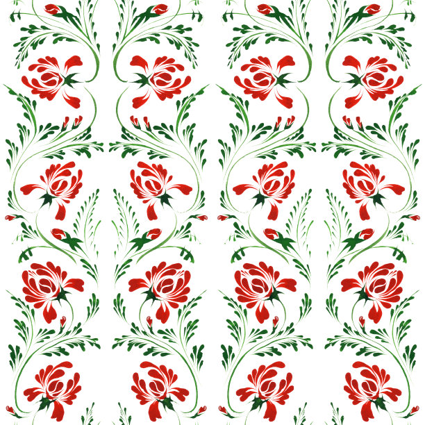 乌克兰民间绘画风格Petrykivka。花卉水彩无缝图案从红色牡丹花和绿叶在白色背景图片下载